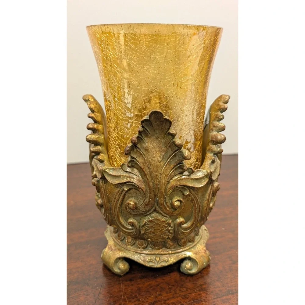 Vintage Ornate Gold Tone Vase Amber Crackle Glass Baroque Hollywood Regency 7